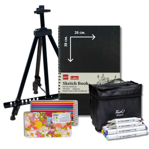 Подарунковий набір для малювання з мольбертом ARTONE-hobi-Art (маркери 60, олівці 12, Скетчбук 26х38 см) Д