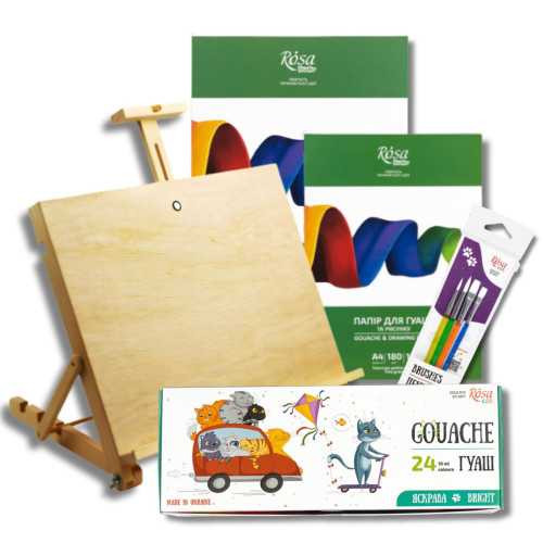 Набор для рисования с мольбертом (гуаш, кисти, бумага, мольберт) ROSA