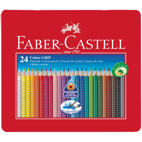 Акварельні кольорові олівці Faber-Castell Grip в металевій коробці 24 кольору, 112423
