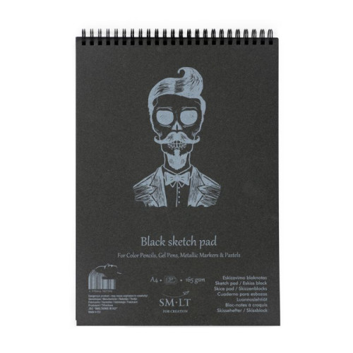 Альбом для рисунка на спирали SMILTAINIS AUTHENTIC (black) А4, 165 г/м2, 30 л черная бумага