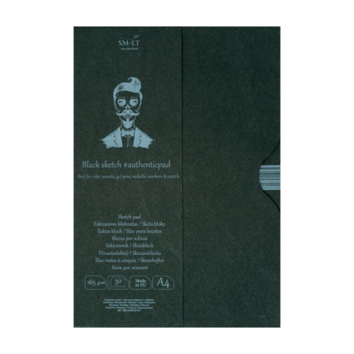 Склейка для рисунка в папке AUTHENTIC (black) А4 165 г/м2, 30 л, чёрная бумага, SMILTAINIS - EA-30/BLACK