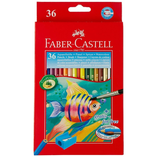 Акварельні олівці Faber-Castell 36 кольорів в картонній коробці з точилкою і пензликом, 114437