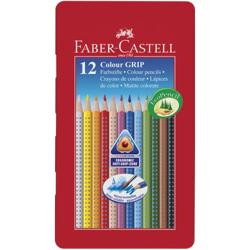 Акварельні кольорові олівці Faber-Castell Grip 12 кольорів в металевій коробці, 112413