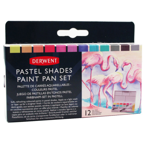 Набор Pastel Shades Paint Pan, 12 цветов+кисть с резервуаром, Derwent