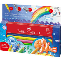 Кольорові олівці Faber-Castell Jumbo Grip в метал. пеналі з аксесуарами + наклейки, 110908
