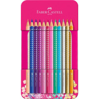 Цветные карандаши Faber-Castell Grip Sparkle 12 цветов в металлической коробке розового цвета, 201737