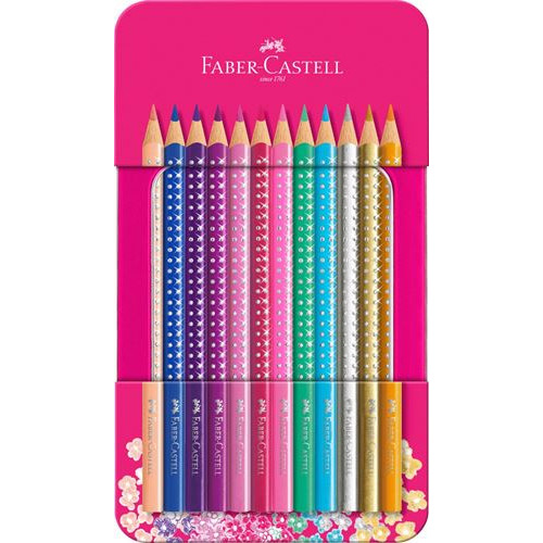 Кольорові олівці Faber-Castell Grip Sparkle 12 кольорів в металевій коробці рожевого кольору, 201737