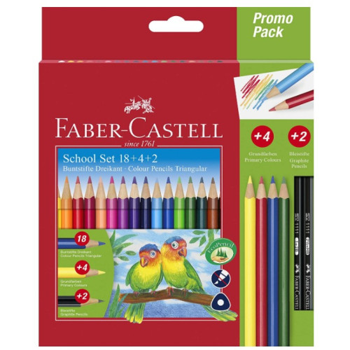 Карандаши цветные Faber-Castell 18 цветов трехгранные + 4 основных цвета + 2 чернографитных карандаша, 201597