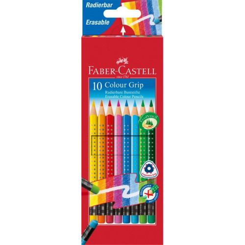 Кольорові олівці з ластиком Faber-Castell Grip 10 кольорів в картонній коробці, 116613