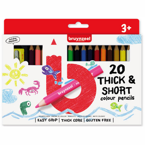 Набор детских цветных карандашей, 20цв., толстые, короткие, + точилка для карандашей, Bruynzeel (60112020)