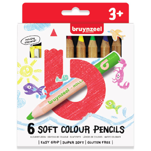 Набор детских цветных карандашей, 6цв., мягкие, + точилка для карандашей, Bruynzeel (60119006)
