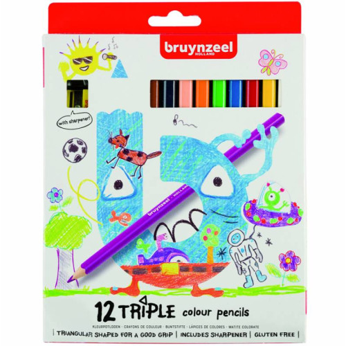 Набор детских трехгранных карандашей TRIPLE, 12цв., + точилка для карандашей, Bruynzeel (60119012)
