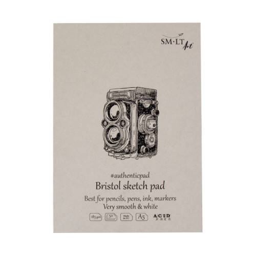 Блокнот-склейка для ескізів AUTHENTIC (Bristol) А5, 185г/м2, 50л, білий та гладкий папір, SMILTAINIS (5EA-50)