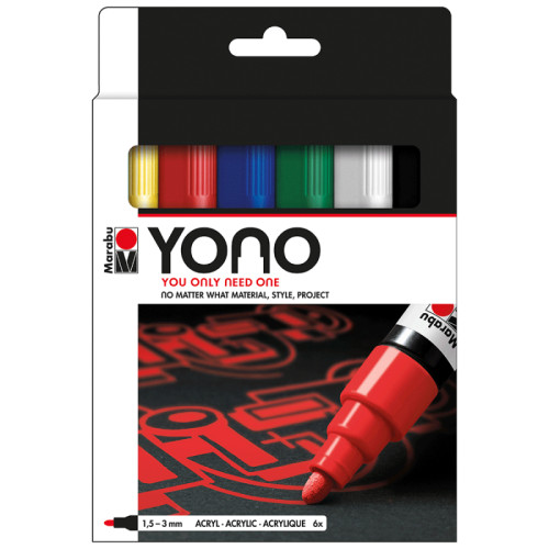 Набір акрилових маркерів YONO, Класичні відтінки, 1,5-3 мм, 6 шт, Marabu (1240000004002)