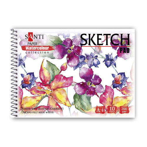 Альбом для акварели SANTI Flowers, А4, Paper Watercolour Collection, 10 л, 200г/м2