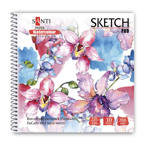 Альбом для акварели SANTI Flowers, 21х21 см, Paper Watercolour Collection, 10 л, 200