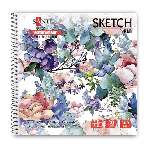 Альбом для акварели SANTI Flowers, 21х21 см, Paper Watercolour Collection, 20 л, 200
