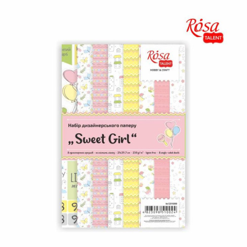 Набір дизайнерського паперу „Sweet Girl“, А4, 250гр., 8л, одностор., глянсовий, ROSA TALENT (5311099)