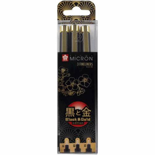 Набір лінерів PIGMA MICRON Black&Gold, 3 шт.(01-03-05), Чорний, Sakura (POXSDKB3YOS)