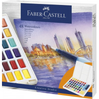 Акварельні фарби Faber-Castell Watercolors in Pans, 48 кол. + ручка-пензель з контейнером для води, 169748