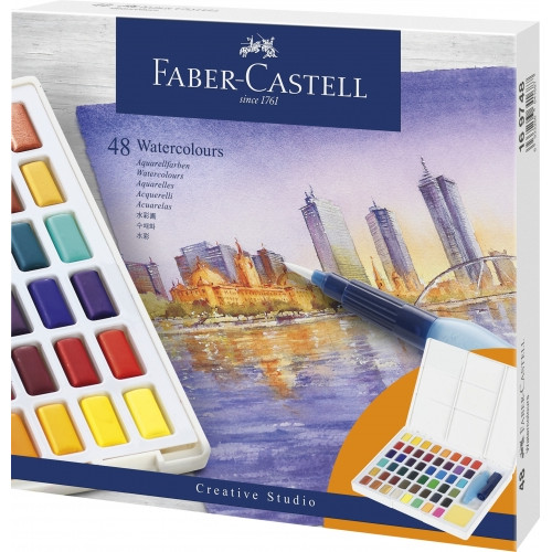 Акварельные краски Faber-Castell Watercolors in Pans, 48 цв. + ручка-кисточка с контейнером для воды, 169748