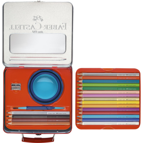 Акварельні кольорові олівці Faber-Castell Jumbo Grip 18 кольорів в метал. валізці з аксесуарами, 201352