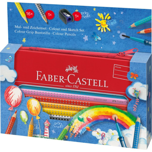 Акварельні олівці Faber-Castell Grip 16 кольорів, в металевому пеналі + аксесуари, 112450