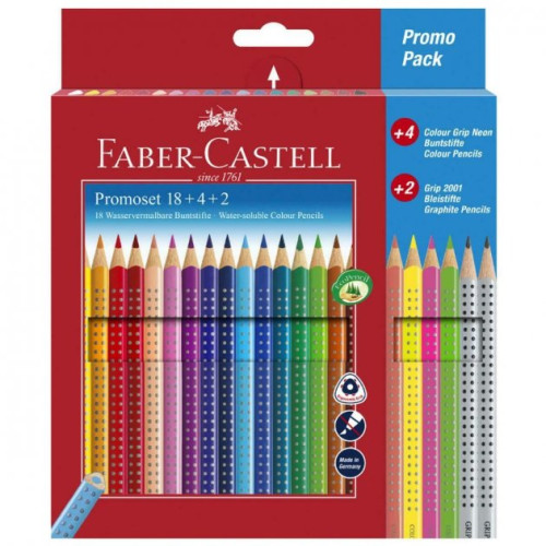 Акварельні кольорові олівці Faber-Castell Grip 18 кольорів + 4 неонових олівця і 2 чернографитных, 201540