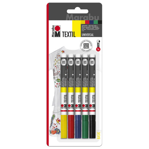 Набір маркерів для розпису світлих тканин, 1-2 мм, 5 кольорів, Marabu Textil Painter