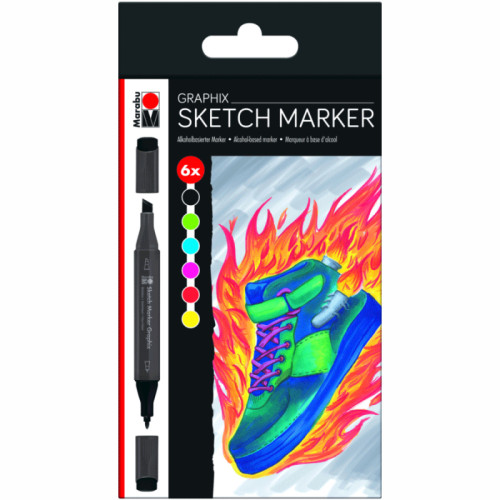 Набор двусторонних спиртовых маркеров Sketch Marker Graphix 6шт HEAT Marabu