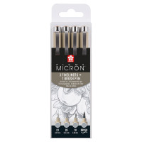 Набір лінерів PIGMA MICRON 4шт, (0.1/0.5/10/лінер-пензель Pigma Brush), Сірий, Світлий, Sakura (POXSDK4L)