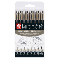 Набор линеров PIGMA MICRON 8шт, (0.1/0.5/10/линер-кисть Pigma Brush), Серый/Серый светлый, Sakura (POXSDK8C)