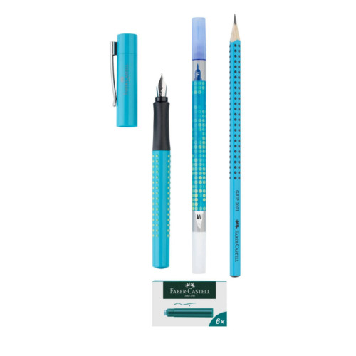 Набор Faber-Castell GRIP 2010 ручка перьевая корпус бирюзовый перо М + корректор + картриджи + карандаш,201623