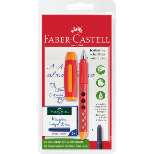 Ручка пір'яна шкільна Faber-Castell Scribolino для лівшів, корпус асорті + 6 синіх картриджів, 149803