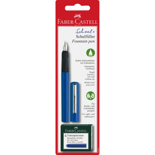Ручка перьевая школьная Faber-Castell School +, синий корпус + 6 синих картриджей, 149811
