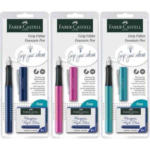 Ручка перьевая Faber-Castell GRIP 2010, перо М (0,7 мм) + картриджи синего цвета, 140991