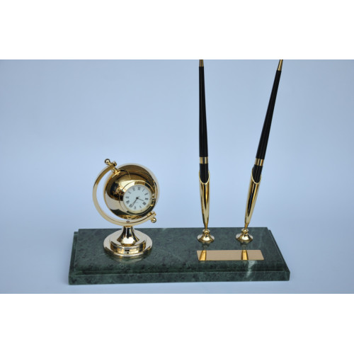 Мраморный настольный набор Золотой глобус-часы и 2 ручки, Penstand 8182