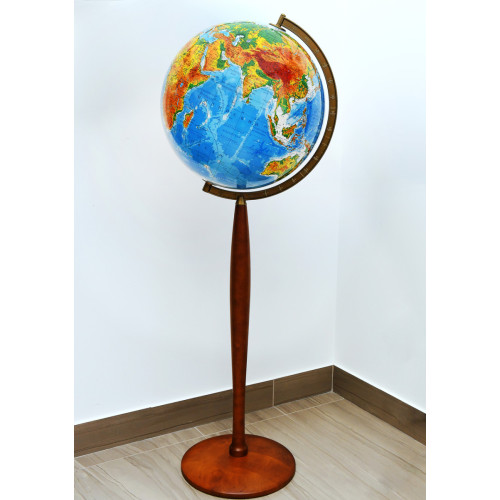 Глобус 420 мм Фізичний на високій дерев'яній ніжці та в алюмінієвій дузі, без підсвічування Glowala RU
