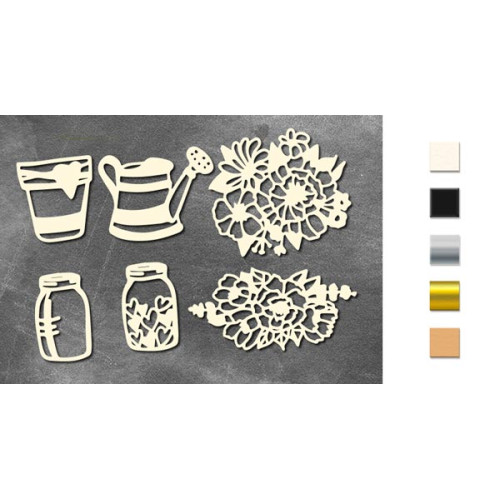 Набор чипбордов Баночки, лейка, стакан и цветы 10х15 см №779 Молочный