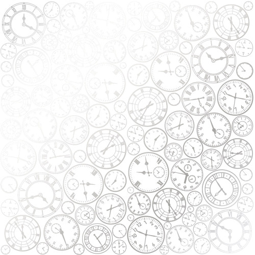 Лист односторонней бумаги с серебряным тиснением Silver Clocks White, 30,5 см х 30,5 см