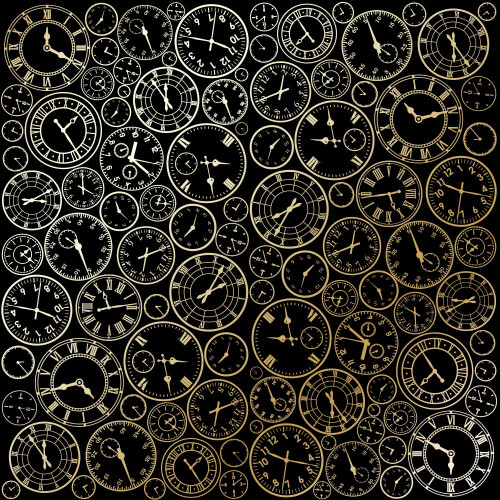 Аркуш одностороннього паперу з фольгуванням Golden Clocks Black, 30,5 см х 30,5 см
