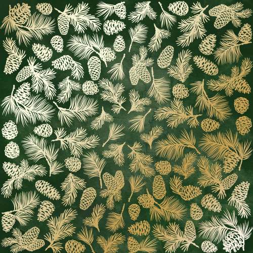 Лист односторонней бумаги с фольгированием Golden Pine cones Dark green aquarelle, 30,5 см х 30,5 см