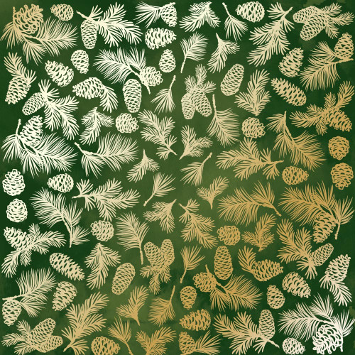 Лист односторонней бумаги с фольгированием Golden Pine cones Green aquarelle, 30,5 см х 30,5 см