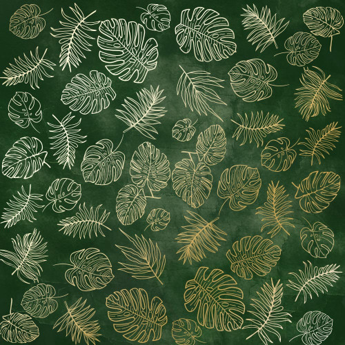 Лист односторонней бумаги с фольгированием Golden Tropical Leaves, color Dark green aquarelle, 30,5 см х 30,5 см