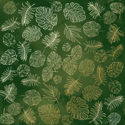 Лист односторонней бумаги с фольгированием Golden Tropical Leaves, color Green aquarelle, 30,5 см х 30,5 см