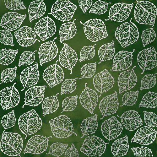 Лист односторонней бумаги с серебряным тиснением Silver Delicate Leaves, Dark green aquarelle, 30,5 см х 30,5 см