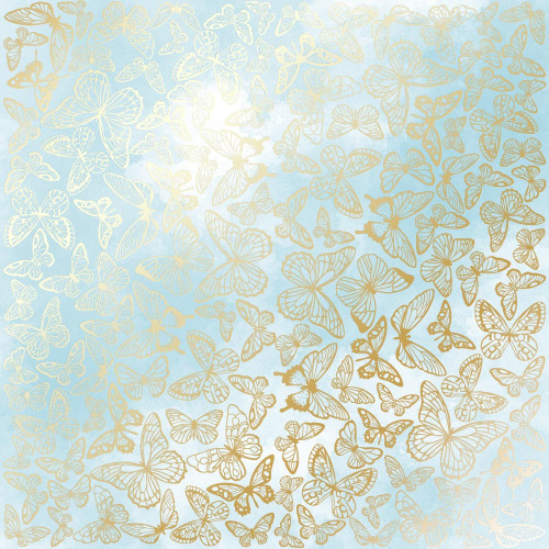 Лист односторонней бумаги с фольгированием Golden Butterflies, color Azure watercolor, 30,5 см х 30,5 см