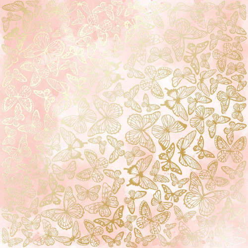 Лист односторонней бумаги с фольгированием Golden Butterflies, color Vintage pink watercolor, 30,5 см х 30,5 см