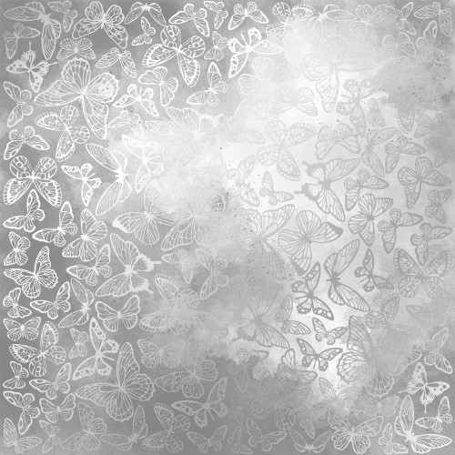 Лист односторонней бумаги с серебряным тиснением Silver Butterflies, Grey watercolor, 30,5 см х 30,5 см