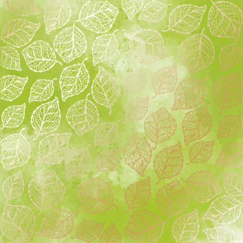 Лист односторонней бумаги с фольгированием Golden Delicate Leaves, color Light green watercolor, 30,5 см х 30,5 см